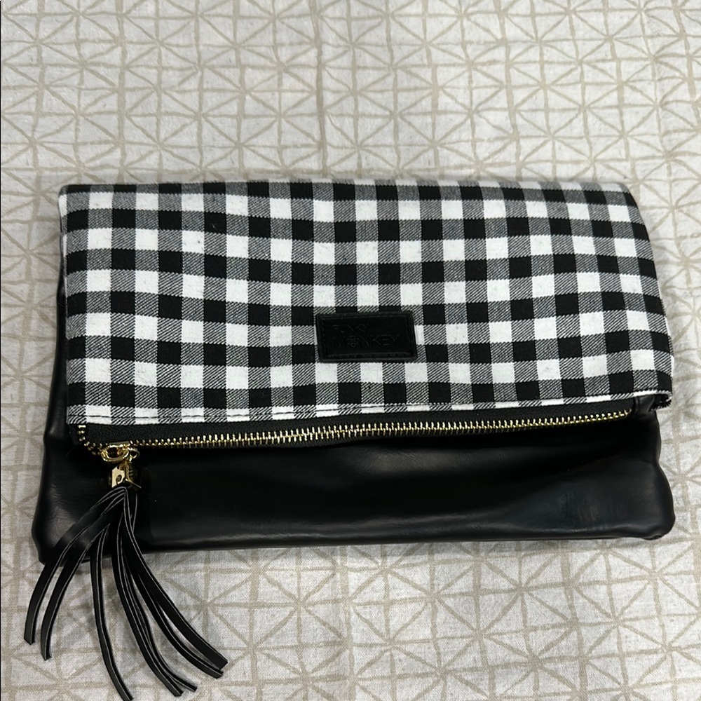 NWOT Black and White Gingham Foldover Clutch with Tassel